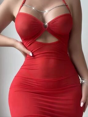 Red Cutout Bodycon Dress with Chain Detail W/Panties